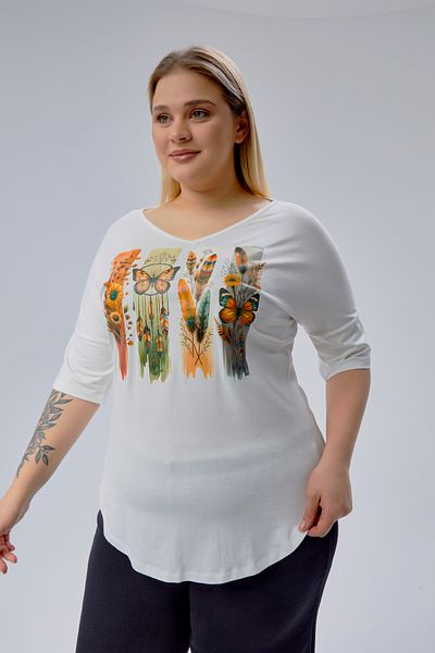 Curvy Trend Μπλούζα με σκίσιμο στο πλάι με μισό μανίκι με στάμπα Bohemian Butterfly