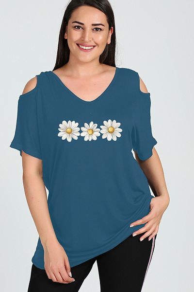 Curvy Trend Μπλούζα με κοντό μανίκι με στάμπα Daisy με κοντό μανίκι