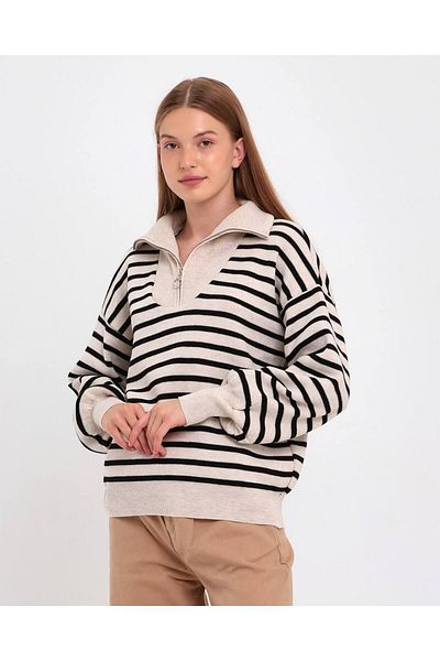 Vorondolo Knitwear Striped Women's Sweater with Zipper Collar