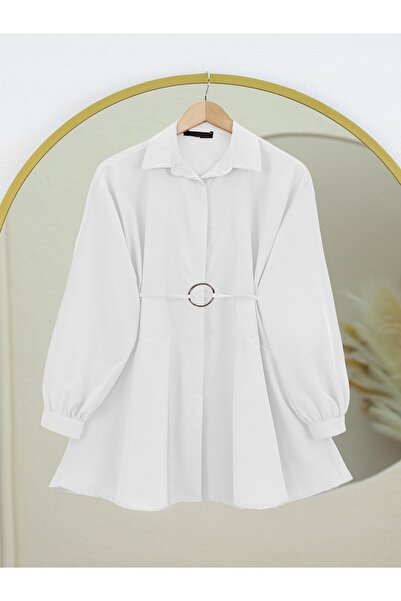 Modamorfo Cămașă cu nasturi ascunși cu centură inel -Albă