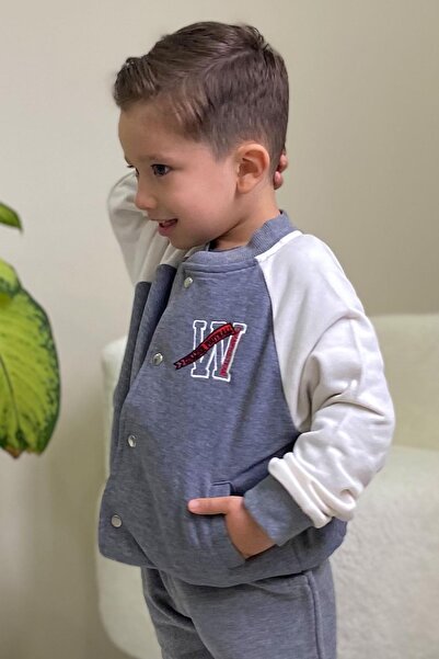 Breeze Boy's College Jacket with Letter Embroidery and Snap Fasteners Age 3-7, Gray Melange