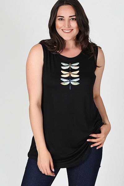 Curvy Trend Large Size Dragonfly Printed Sleeveless Viscose Basic Blouse