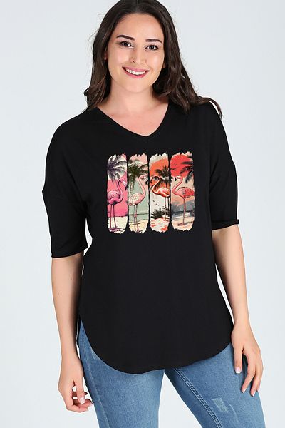 Curvy Trend Plus Size Flamingo Print Half Sleeve Side Slit Blouse