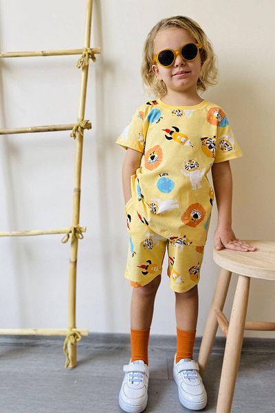 Breeze Boy's Shorts Set - Space Pattern, Astronaut and Animals Printed, 1.5-5 Years, Yellow