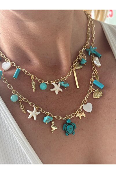 By Song Aksesuar Mavi Turkuaz Altin Kaplama Charm Kolye