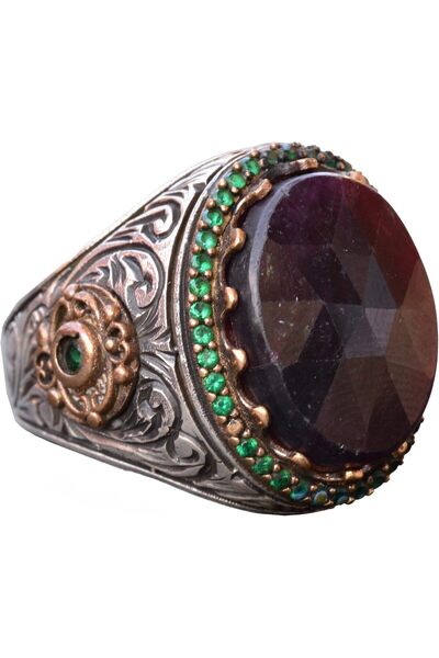 Gerçek Kırmızı Safir Taşlı Yüzük, 13.70 Karat, Safir Yüzük, Kral Yüzüğü, Erkekler için Gümüş Yüzük