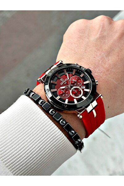 Reward Red Color Sport Silicone Cord Function Guaranteed Men Wrist Watch + Bracelet
