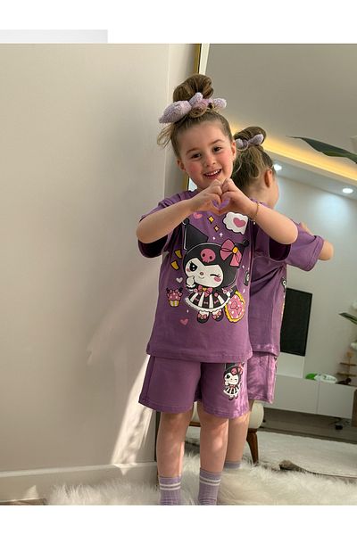 Nehirim Kids Girl's Summer Kuromi Patterned T-Shirt Shorts Set with Pocket and Elastic Waist (3-4-5-6-7-8-9-10 Years)