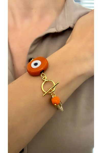 Kutcha Accessories Gold Detailed Cow Eye Evil Eye Beaded Bracelet