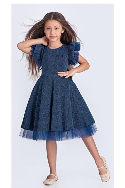 Mnk Baby&Kids Simli Şanzelize Kız Çocuk Abiye Elbise M00669 İNDİGO