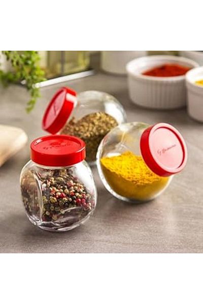 Mu Art Pasabahce Bella Mini Jar Red Lid Spice Rack 80386 200 ml 6 Pcs