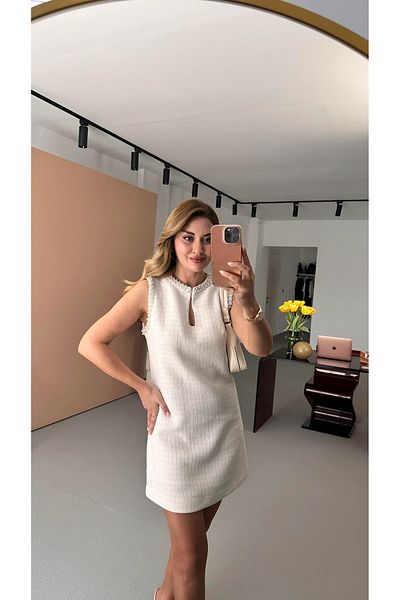 QİMYA BUTİK 4S Women Women's Lapel & Cuff Pearl Detailed Tweed Short Dress