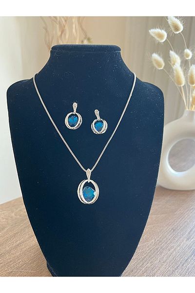 Büyük Hanım Vintage Style Water Blue Shiny Stone Necklace Earrings Set
