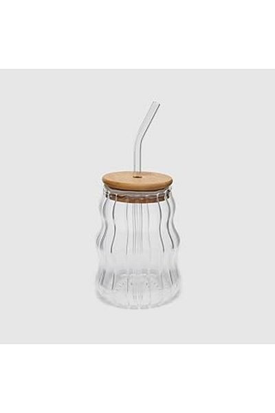 Mu Art Pahar de sticlă Renovon de 500 ml cu capac, cu paie de sticlă, garnitură de acoperire din silicon, băuturi reci cu modele, cafea M