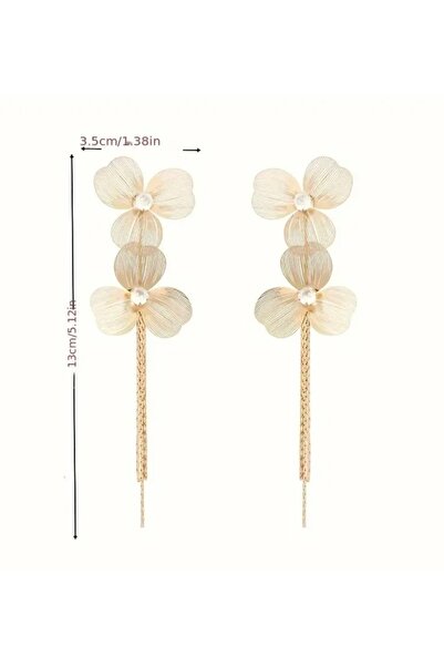 ER TAKI Gold Renkli Taşlı Uzun Şık Gösterişli Büyük Çiçekli Püskül Nişan Kına Düğün Abiye Küpe