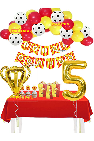 parti pera Sarı Kırmızı Futbol Temalı Balon Zincir Seti Kupa Folyo Balon Doğu...