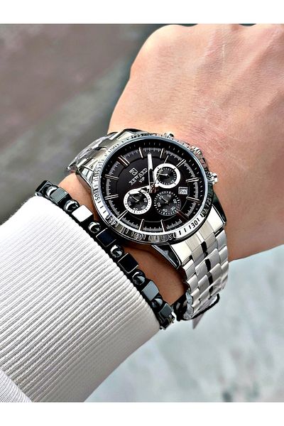 Reward Silver Color Functions Active Mid-Strip Steel Cord Men's Wrist Watch + Bracelet
