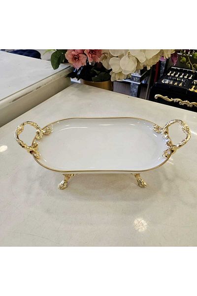 MaviDamla 3 Pieces Oval Handled Porcelain Presentation Holder Gold