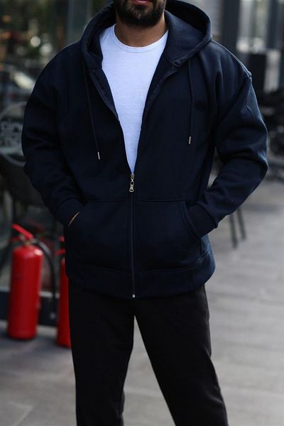 ruNadeS Men's Navy Blue Zippered Hooded Warm Basic Cardigan