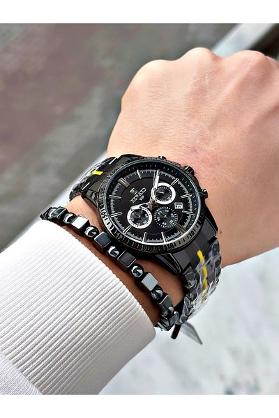 Reward Black Color Functions Active Mid-Strip Steel Cord Men's Wrist Watch + Bracelet