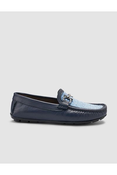 Cabani 100% Genuine Leather Navy Blue Knitted Detailed Men's Loafer