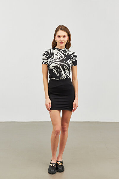 Bukamiss Women's Black-White Cream Patterned Short Sleeve Blouse