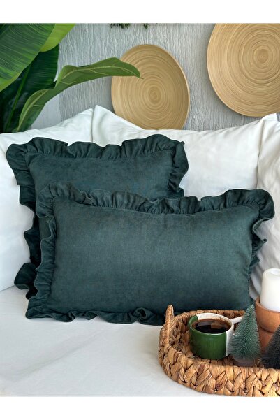 Decamor home Vıntage Fırfırlı Zümrüt Yeşil Kırlent Kılıfı 1 Ad