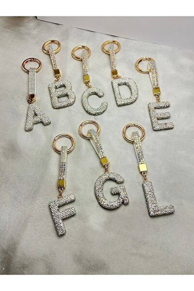 CrowKing Harf Charm,Anahtarlık Lüx Taşlı Simli Beyaz Zirkon Kaplama