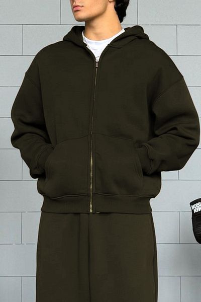 ruNadeS Men's Khaki Three Thread Fabric Zippered Hooded Cardigan