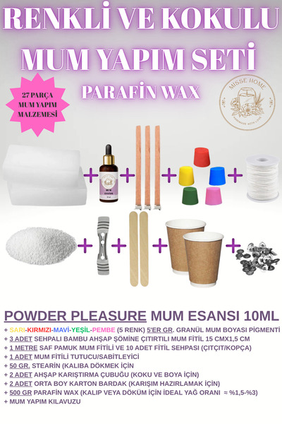 Misse Mum Yapım Seti (Full Set) Parafin Wax + Mum Esansı + Mum Boyası + Stearin + Mum Fitil ve Mum Malzeme
