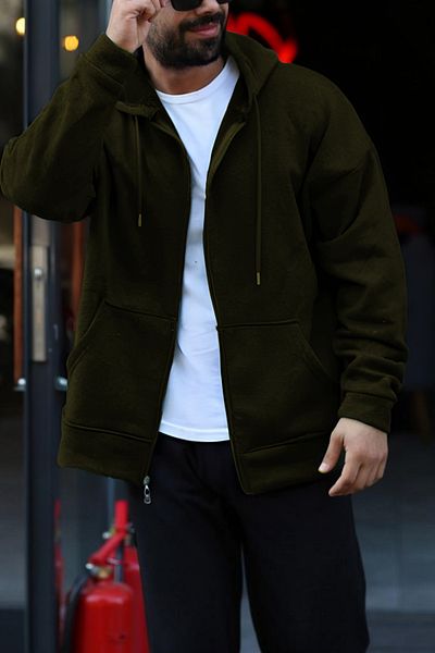 ruNadeS Men's Khaki Zippered Hooded Warm Basic Cardigan