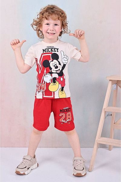Yağmur Giyim Pjkskt Mickey Mause Patterned Red Shorts Boy's Short Sleeve Suit 7597-K