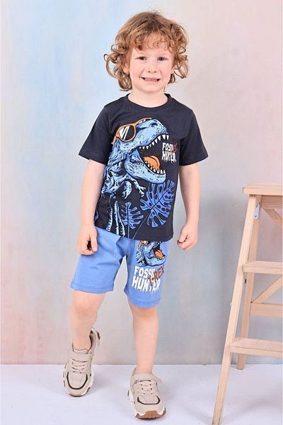 Yağmur Giyim Pjkskt Boy's Short Sleeve Suit with Dinosaur Pattern Blue Shorts 7590-m