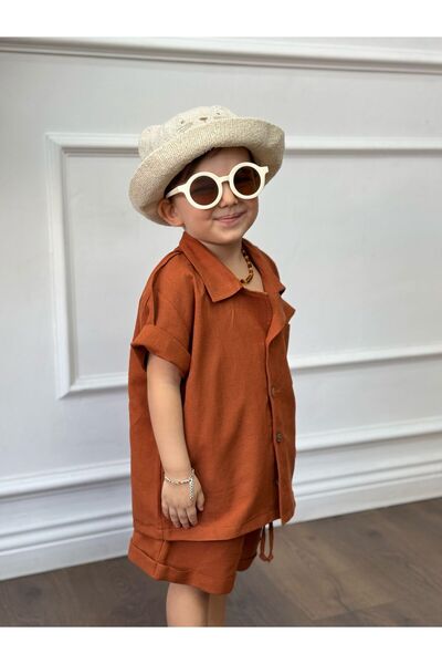 bohemiankids baby wear Cream Linen Shorts Suit