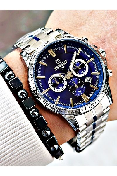 Reward Silver Color Functions Active Mid-Strip Steel Cord Men's Wrist Watch + Bracelet