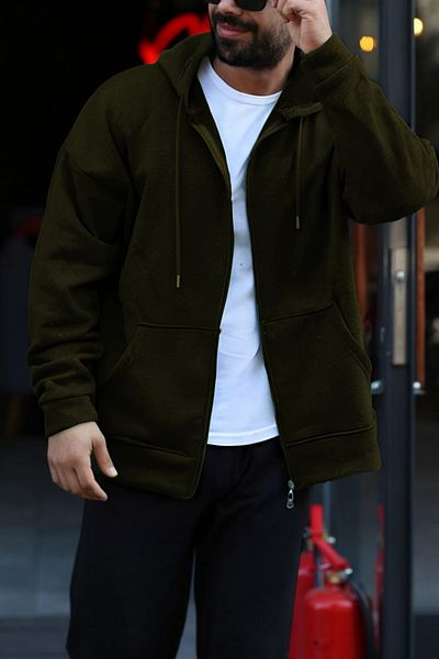 ruNadeS Men's Khaki Zippered Hooded Warm Basic Cardigan