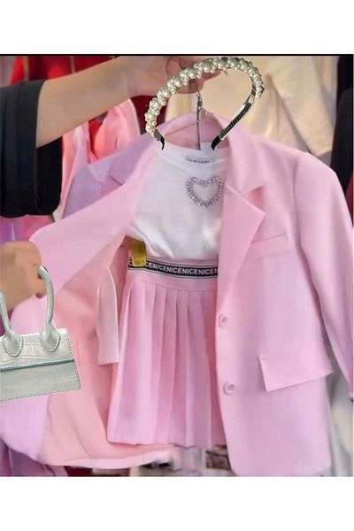 Yalçınoğlu Kids I Stylish Combination Girl's Set Blue Jacket, Skirt, Blouse, Bag and Crown with Pearl Crown