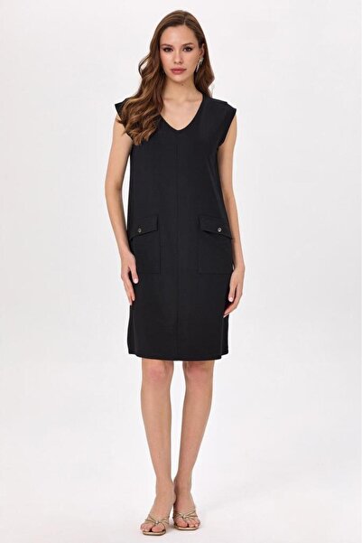 İKİLER V Yaka Cep Detaylı Elbise 025-2501