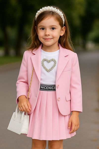 Yalçınoğlu Kids I Stylish Combination Girl's Set Blue Jacket, Skirt, Blouse, Bag and Crown with Pearl Crown