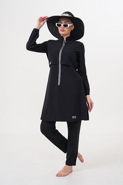 MAG FASHİON Parachute Fabric Black Hijab Swimsuit Full Covered Hijab Swimsuit Plus Size Burkini