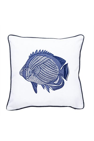 Mudo Home Marine Fish Embroidered Throw Pillow White-Dark Blue 50X50