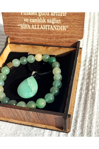 BaharEli Natural Aventurine Stone, Pendant in Drop Form, Bracelet Set / in Special Box