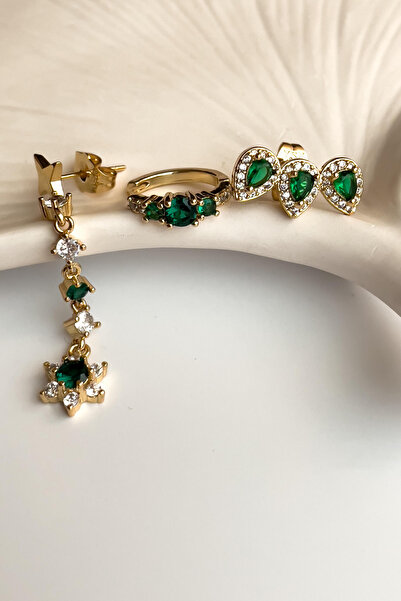 Radino Collection Kadın Zümrüt Yeşili Zirkon Taşlı 3'lü Çelik Küpe Seti – Işıltılı, Şık Ve Kararmaz