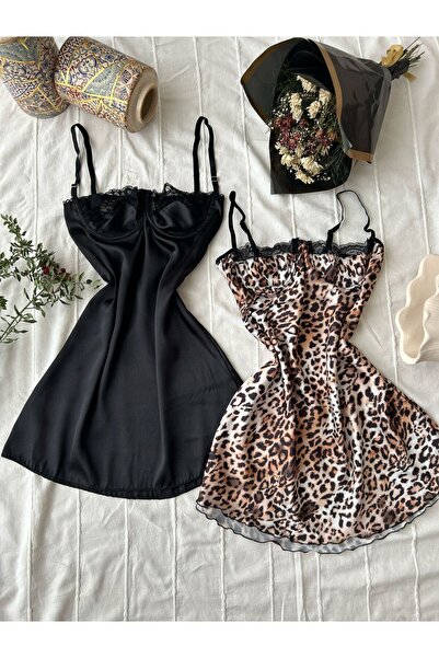 MAYA LİNGERİE %100 Saten Kadın 2'li Gecelik Set (LEOPAR,SİYAH,BALENLİ,DANTELL...