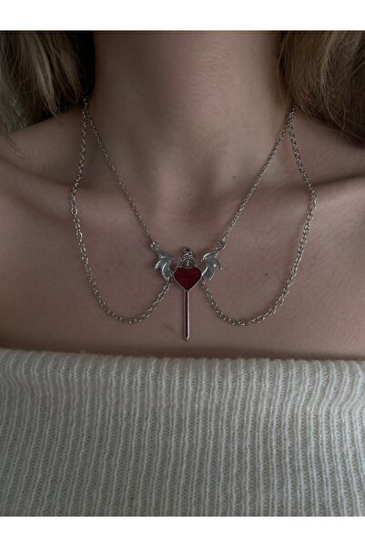 Home Kanatlı Kalp Ve Kılıç Çift Tasarım Unisex Kolye