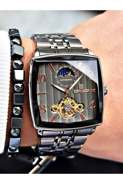 Reward Smoked Color Square Mechanism Automatic Winding Men's Wrist Watch + Bracelet