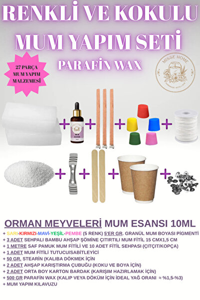 Misse Mum Yapım Seti (Full Set) Parafin Wax + Mum Esansı + Mum Boyası + Stear...