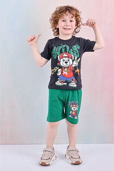 Yağmur Giyim Pjkskt Cool Teddy Bear Pattern Boys' Short Sleeve Suit with Green Shorts 7627-Y