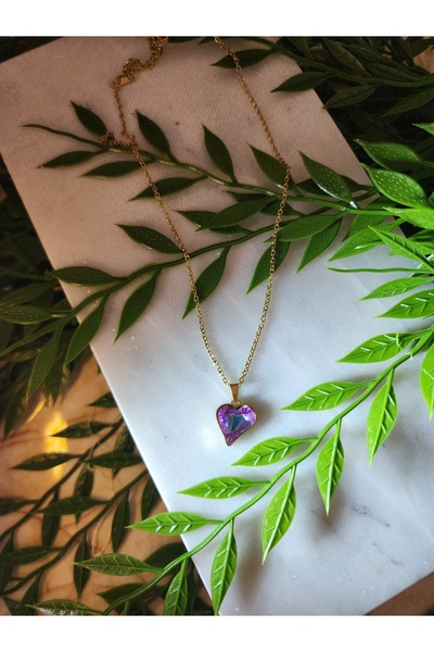 ALLEGRİA Pink Blue Stone Gold Chain Steel Necklace