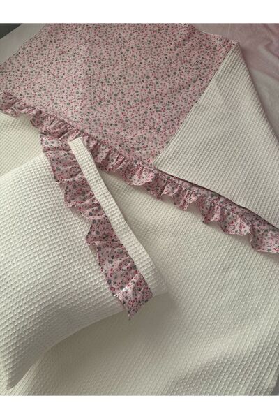 Blue Atelier Tek Kişilik Fırfırlı %100 Pamuk Lüks Çiçekli Pike Takımı